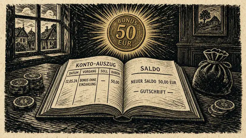 Goldene Münze schwebt über einem aufgeschlagenen Casino-Buch mit Spielchips auf einem Holztisch.