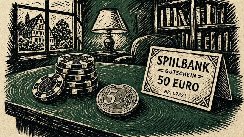 Casino-Chips und Fünf-Euro-Münze auf grünem Filztisch