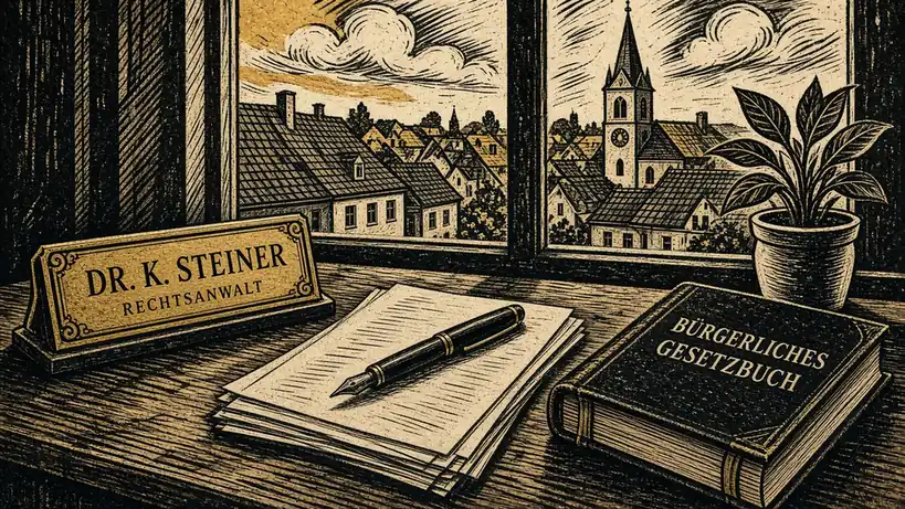 Schreibtisch mit Messingschild, Füllfederhalter und Akten in einem deutschen Büro