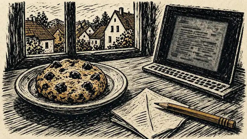 Schokoladenkeks neben Laptop mit Dokument auf Holztisch bei Tageslicht