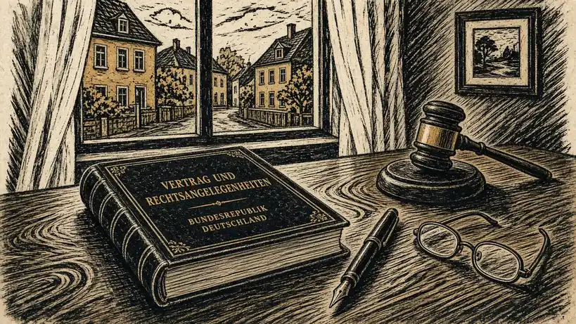 Schreibtisch mit juristischem Dokument, Kugelschreiber und Richterhammer in einem ruhigen deutschen Büro