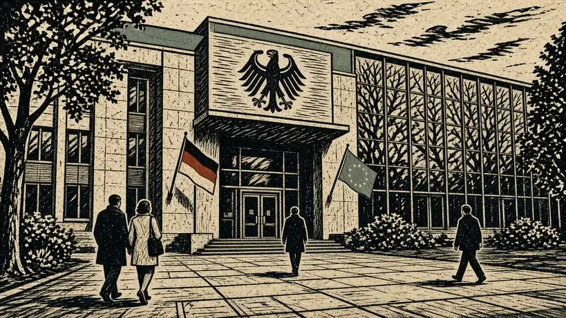 Deutsches Behördengebäude mit Bundesadler und Besuchern auf dem Platz