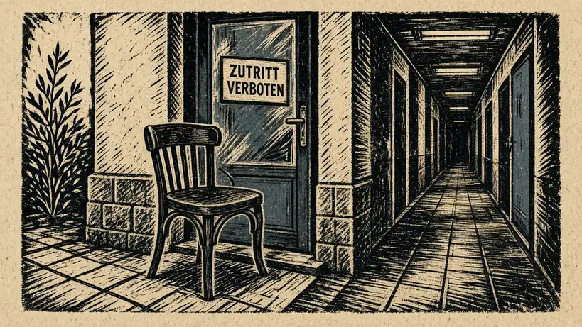 Leerer Stuhl am Eingang einer Spielhalle mit Hinweisschild