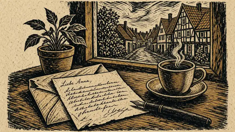 Ein geöffneter Brief auf einem Schreibtisch mit Tasse und Pflanze